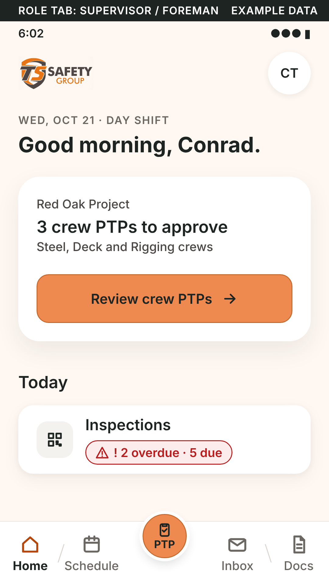 TS app home design preview for Conrad showing example crew PTP reviews and inspections