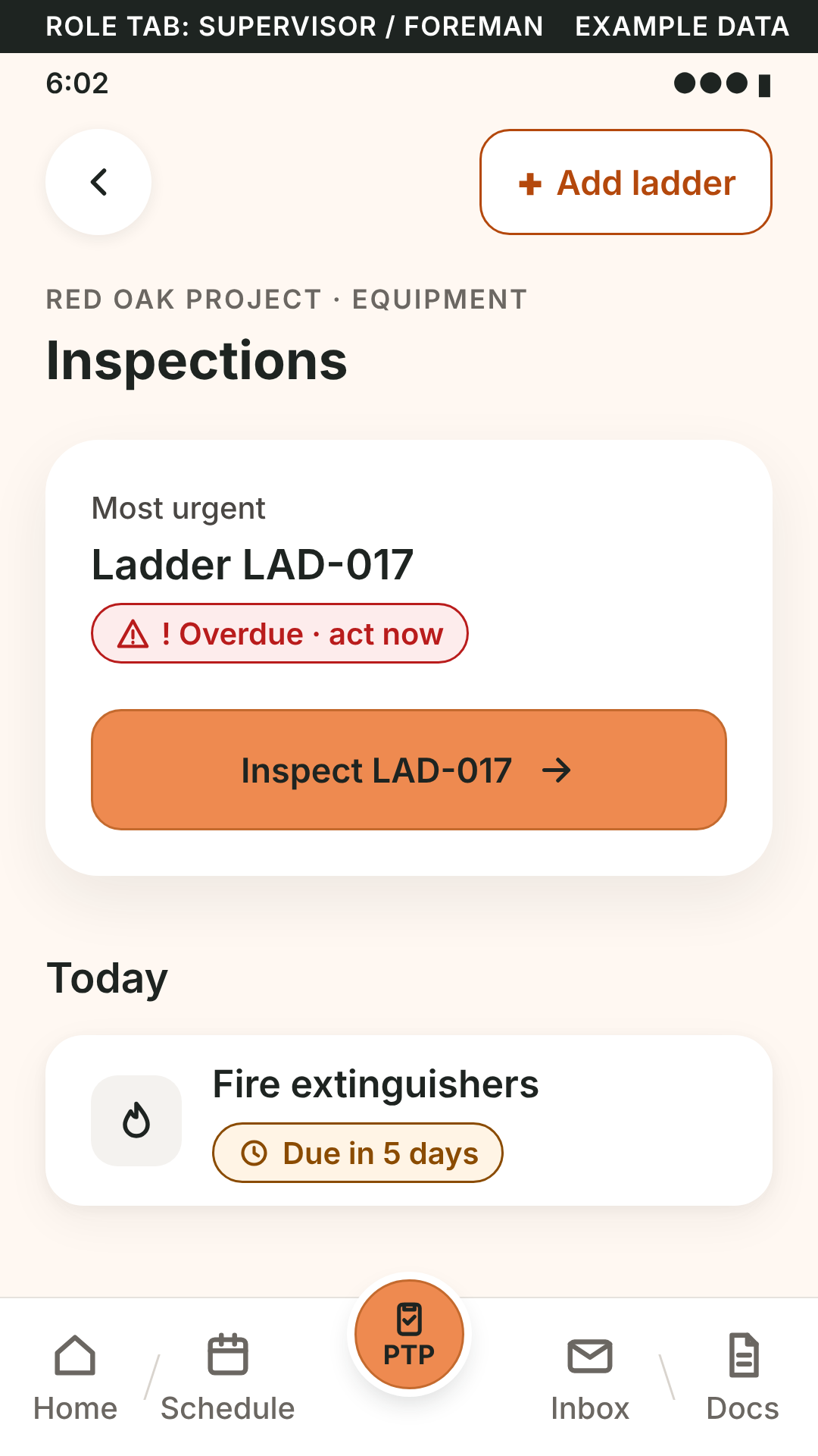 TS app design preview of ladder and fire-extinguisher inspection tasks with example data