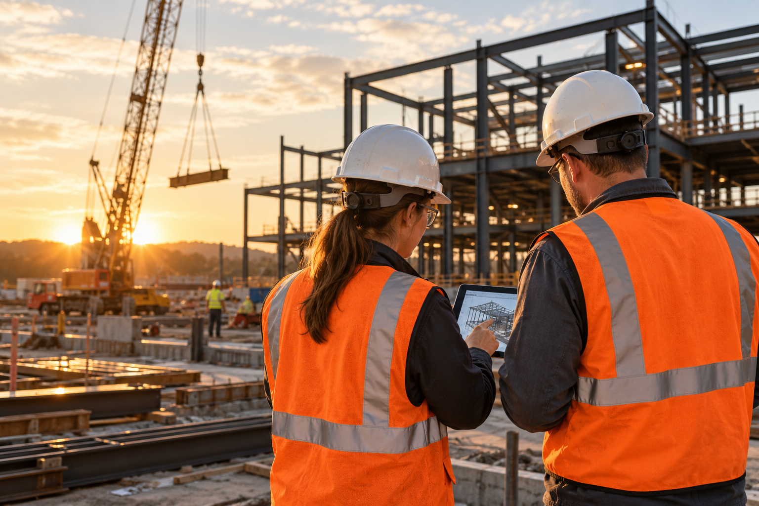 Illustration of two safety professionals reviewing a tablet at a steel construction site