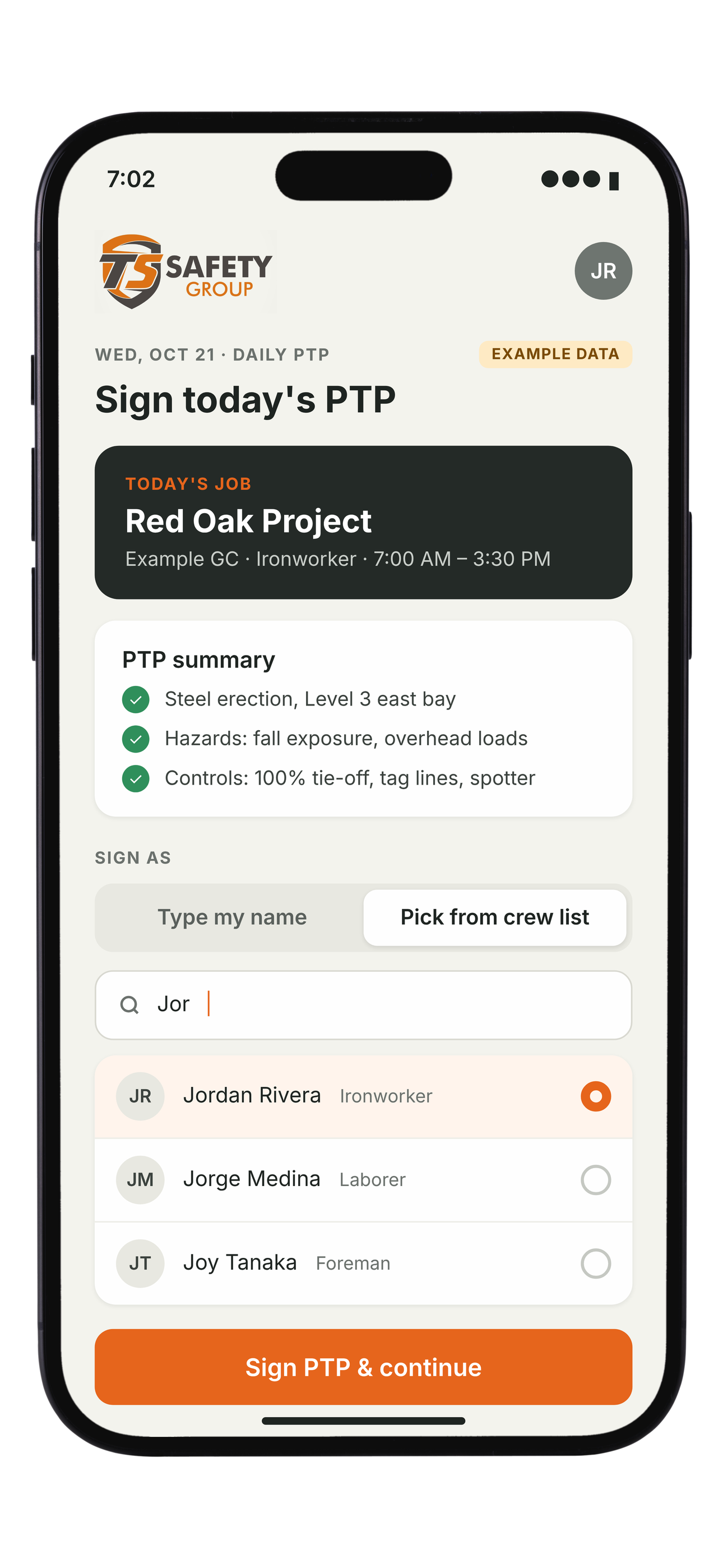 Employee · PTP review and signature · EXAMPLE DATA