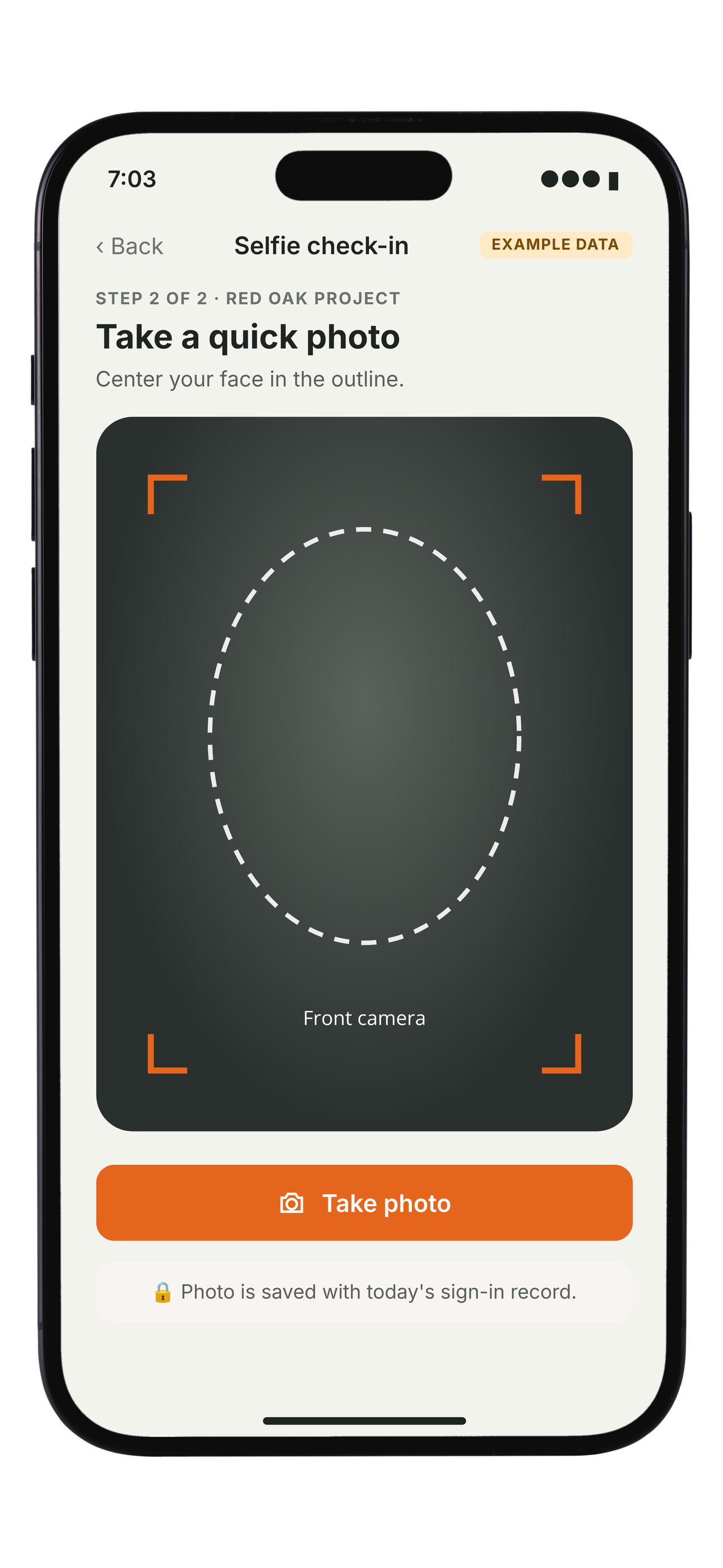 Employee · Selfie check-in · EXAMPLE DATA