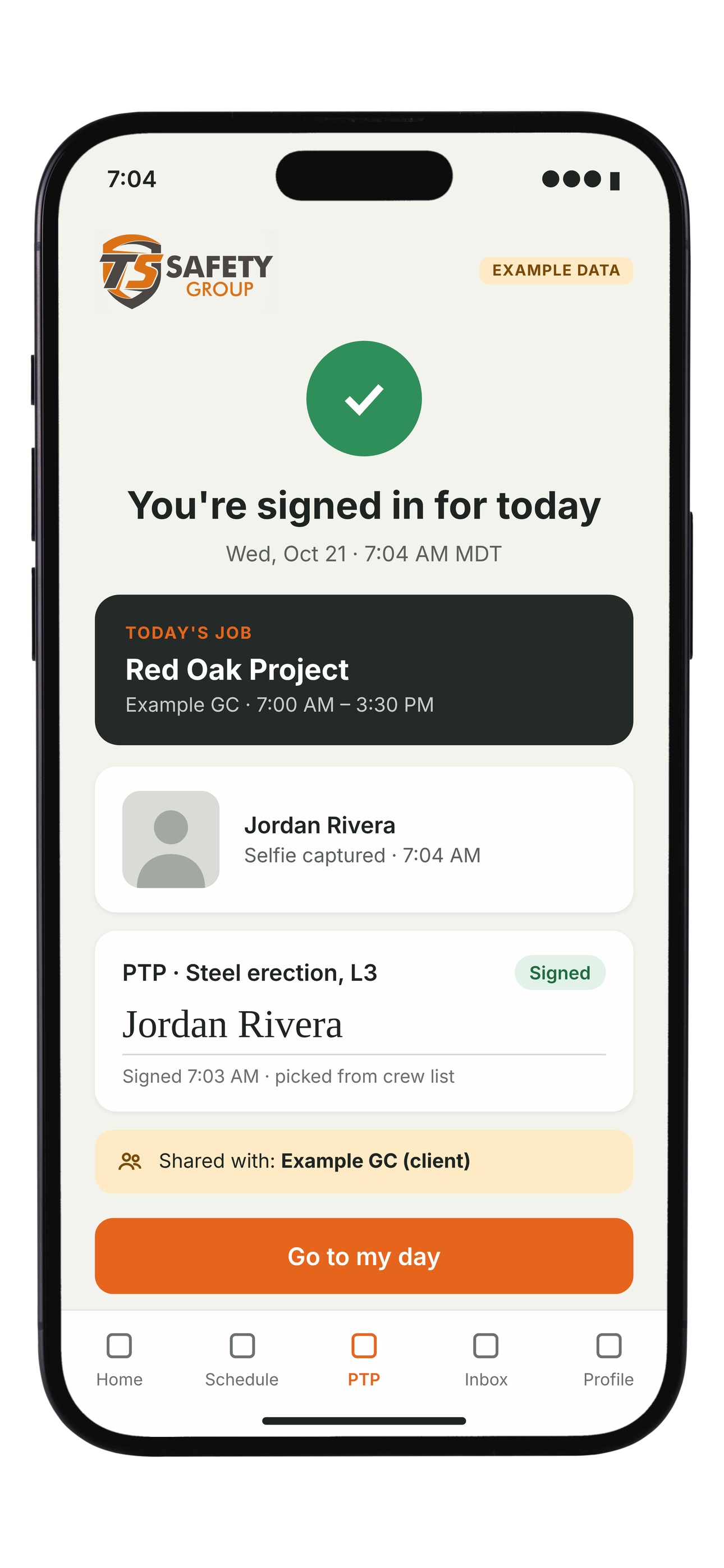 Employee · Daily sign-in confirmation · EXAMPLE DATA